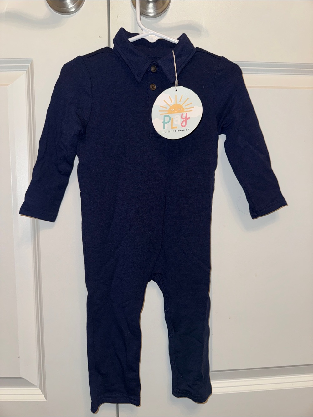 Little Sleepies Navy Long Sleeve Baby Polo Bamboo Romper 6-12 NWT